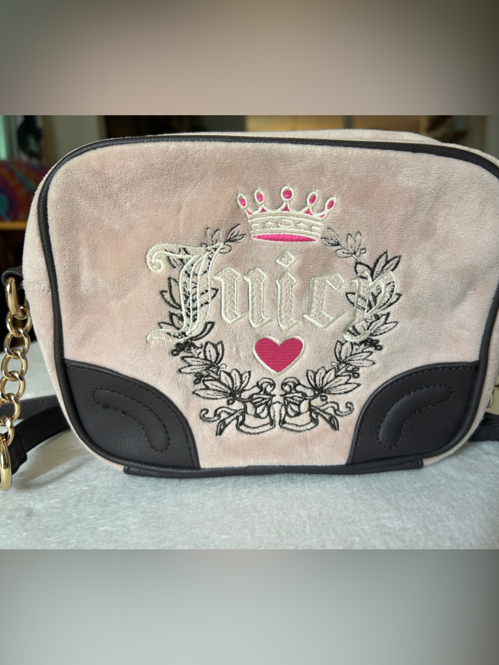 Juicy Couture Pink Velvet Embroidered Crown Crossbody Bag
